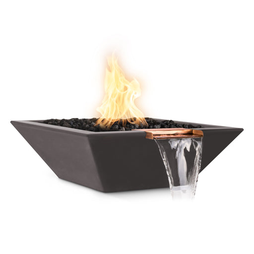 Square GFRC concrete chestnut finish Maya fire and water bowl with cascading water streams and central flame.