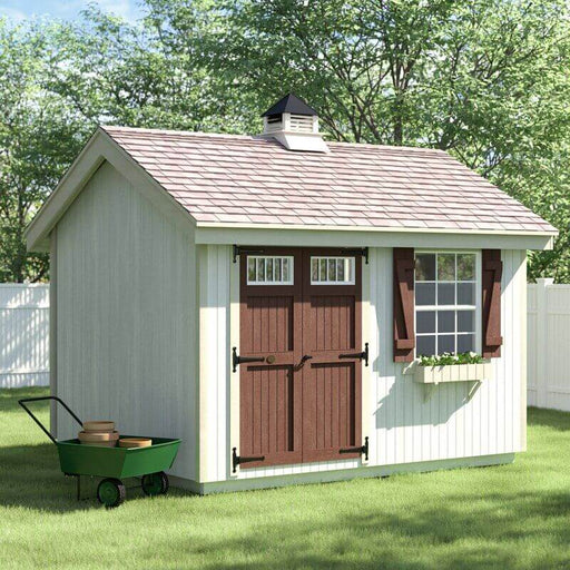 A 3D rendering of the Little Cottage Company Colonial Pinehurst garden shed in a backyard setting, showcasing its double doors and window with shutters.