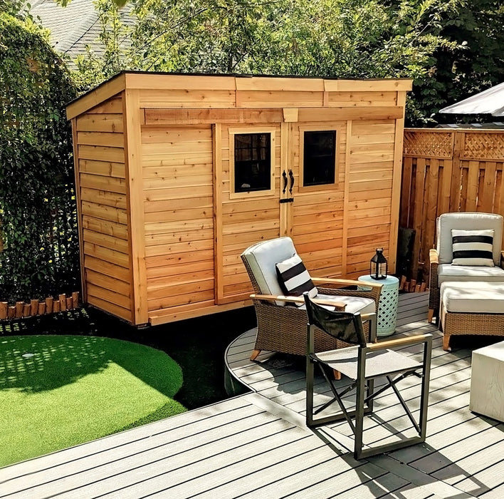 GardenSaver 12×4 with Sliding Doors with chairs outside