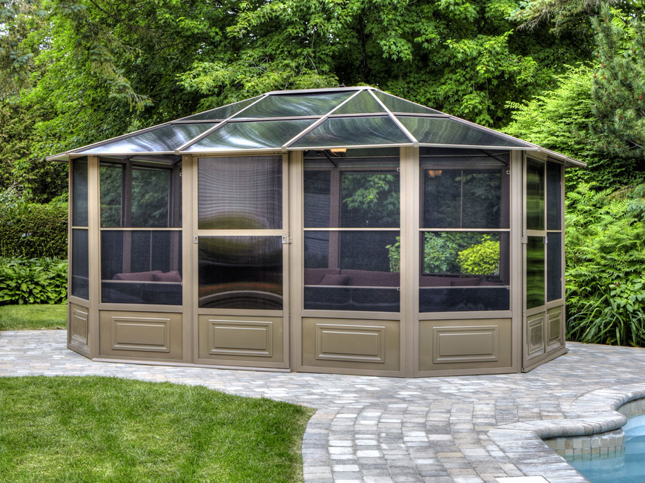 Image of the 12x15 gazebo with a sand polycarbonate roof installed in a backyard setting.