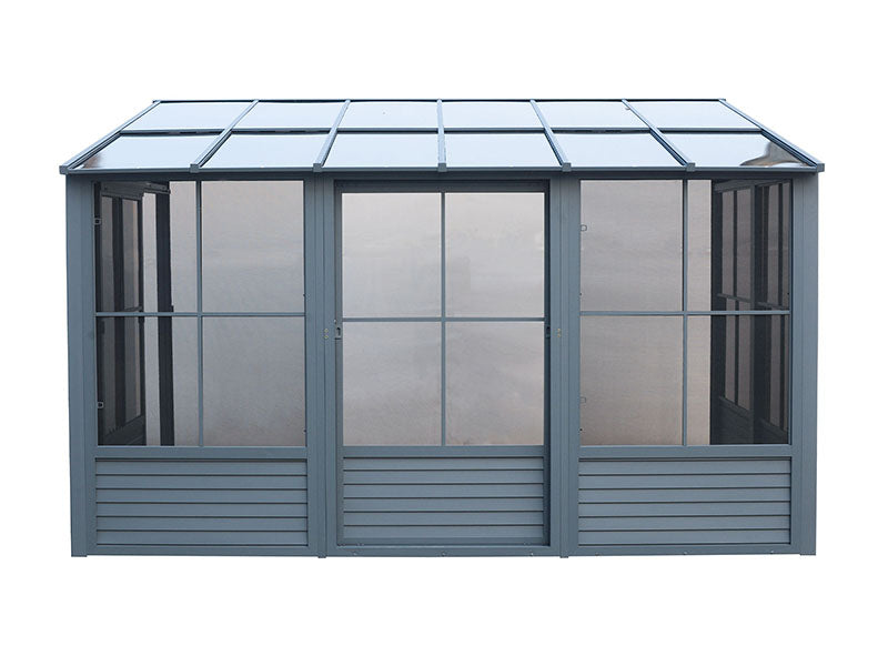  Front view of the Gazebo Penguin Florence Add-A-Room in slate, showcasing the double sliding doors and structured polycarbonate roof.