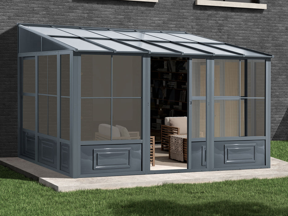 Image of the 10x12 Gazebo Penguin Florence Wall mounted Solarium with a slate polycarbonate roof installed in a backyard setting.