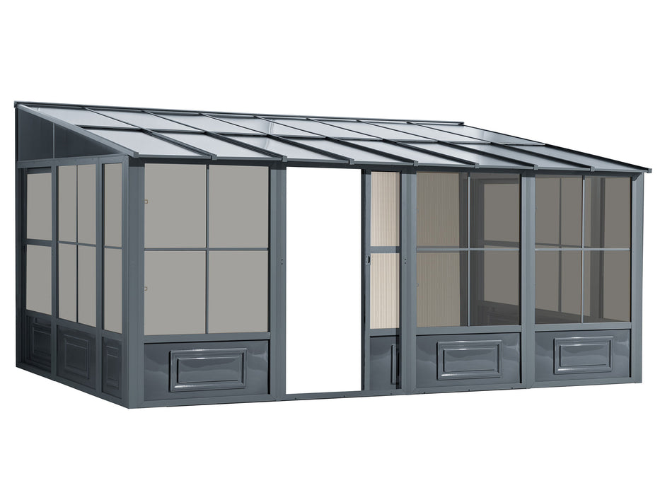 Full view of the 10x16 Gazebo Penguin Florence Wall mounted Solarium with slate metal roof, displaying the entire structure set against a plain background.