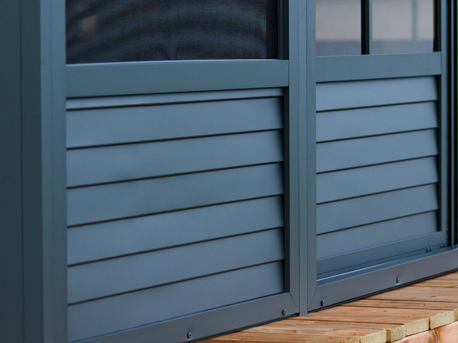 Close-up image of the Gazebo Penguin Florence's slate polycarbonate wall detail, with a focus on the outdoor aesthetic appeal.