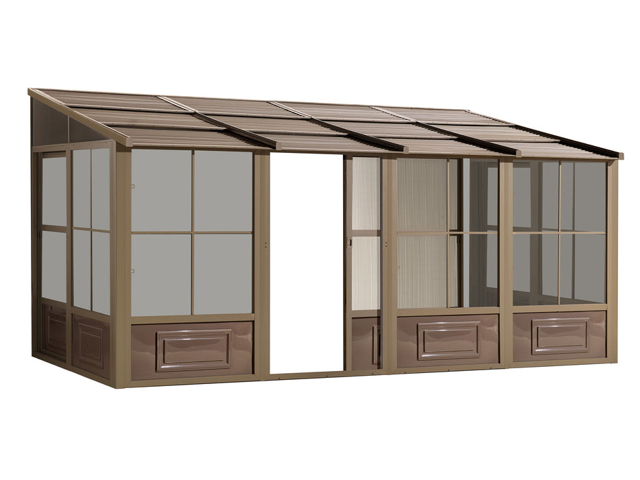Florence Wall mounted Solarium 8x16 Gazebo with sand metal roof, displaying the entire structure set against a plain background.