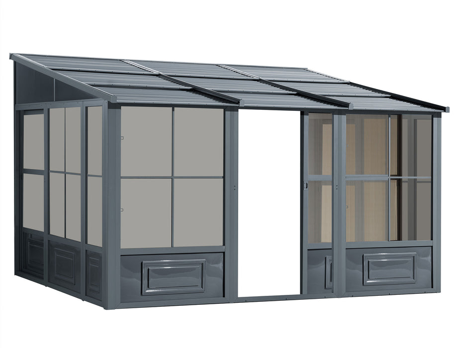 Wall mounted Solarium 10x12 Gazebo with slate metal roof, displaying the entire structure set against a plain background.
