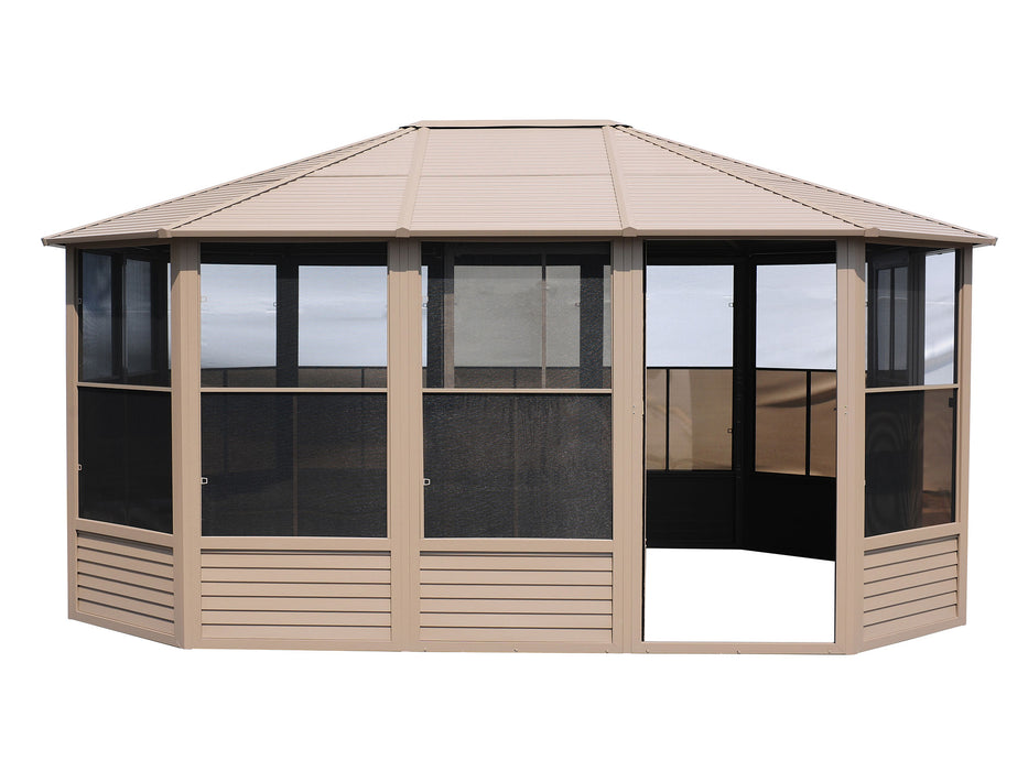 Full view of the Florence Freestanding Solarium gazebo 12x15 with sand polycarbonate roof, displaying the entire structure set against a plain background.