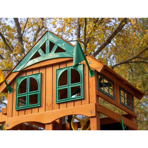 Outing With Trapeze Bar Swing Set wood roof details