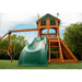 Close up of the slide of the Gorilla Playsets Outing With Trapeze Bar Swing Set Wood Roof