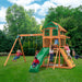 Children playing in the Gorilla Playsets Outing With Trapeze Bar Swing Set placed outdoors