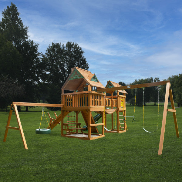 Rear view of the Gorilla Playsets Pioneer Peak Swing Set wood roof placed outdoors