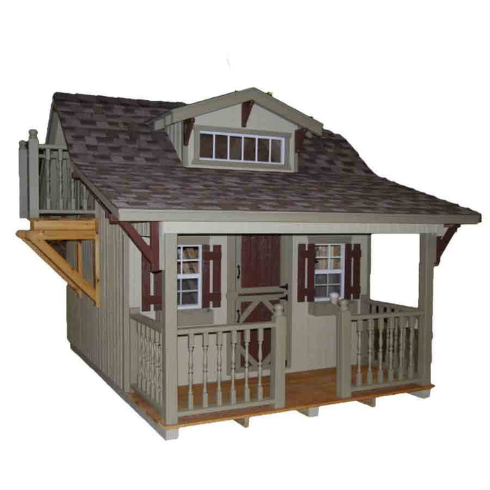 A stylish Craftsman Playhouse with Slide by Little Cottage Company, boasting sleek gray hues, elegantly presented against a pristine white background