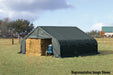 Shelterlogic Sheltercoat 22x20 Peak Roof Green with a tractor and hay bales stacked inside