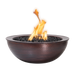 A 27" Round Sedona Hammered Copper Fire Bowl by The Outdoor Plus with a distinctive textured finish and a vibrant flame.