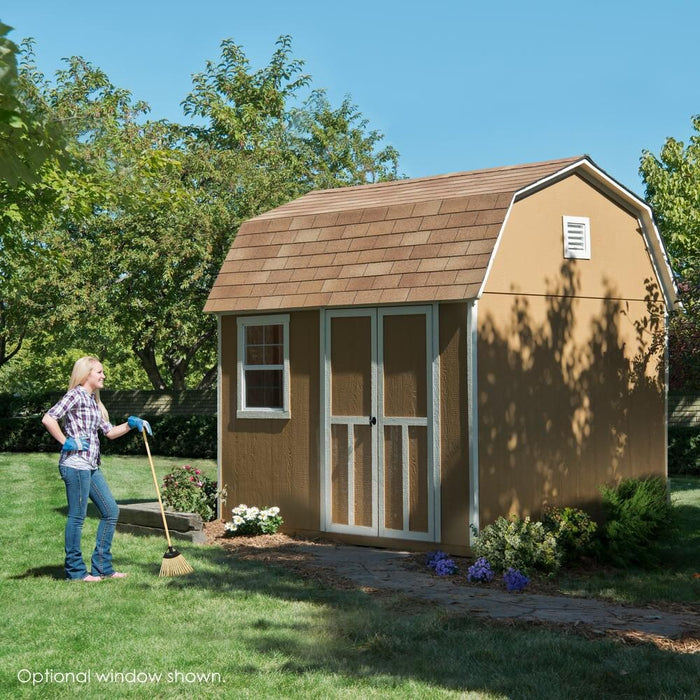 Handy Home Briarwood Wood Shed with a woman holding a rake