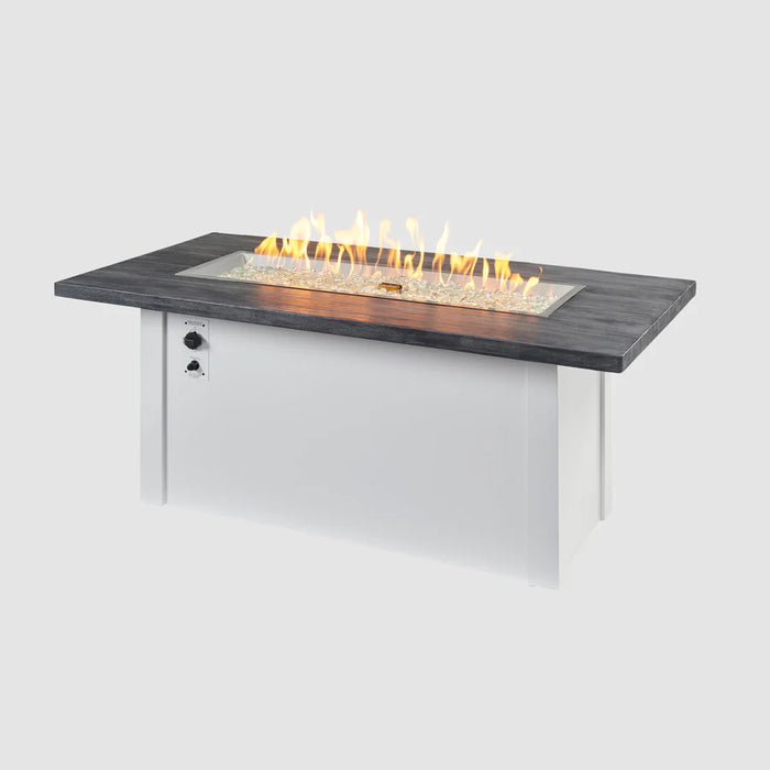 Main product image of the Carbon grey and white base Fire Pit Table with flames, showcasing the overall design and ambiance.