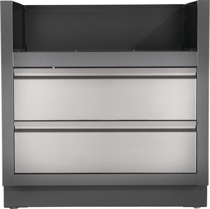 Frontal view of the Napoleon Grills Oasis™ Under Grill Cabinet featuring two drawers with stainless steel fronts.