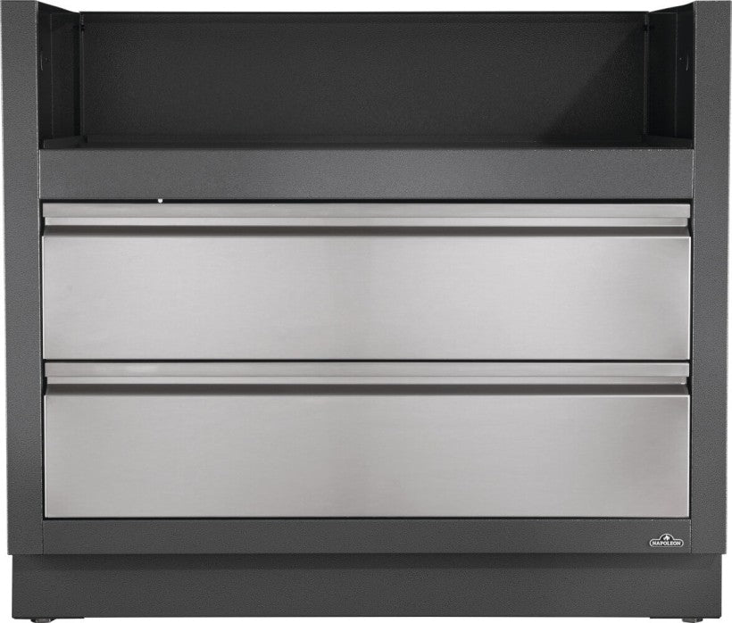 Frontal view of the Napoleon Grills Oasis™ Under Grill Cabinet featuring two drawers with stainless steel fronts.