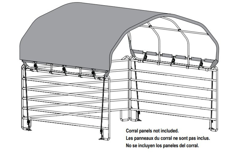 Black and white drawing of ShelterLogic 12x12 Corral Shelter. Corral panels not included.