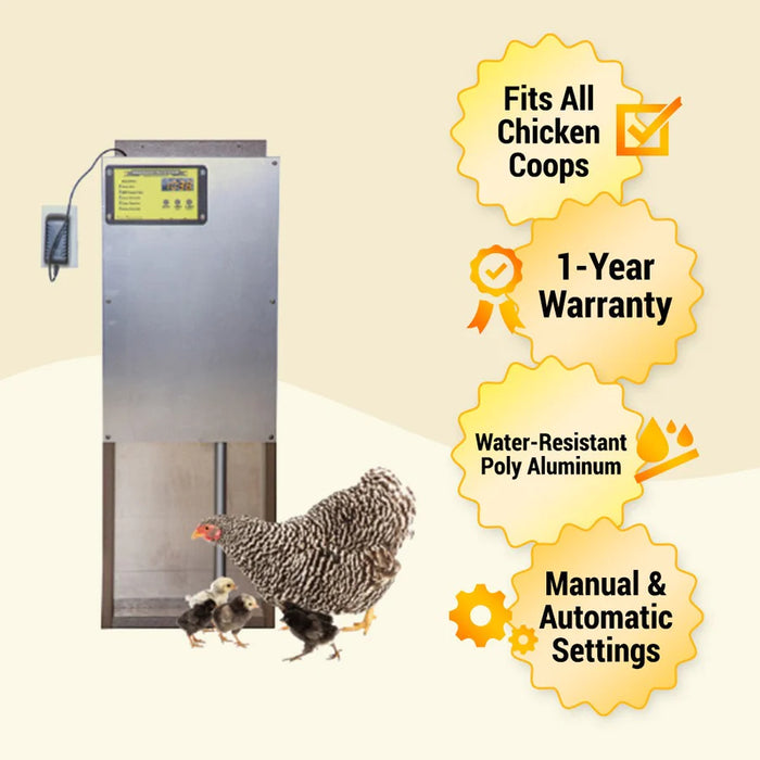 An informative image of the features of OverEZ Automatic Chicken Coop Door.