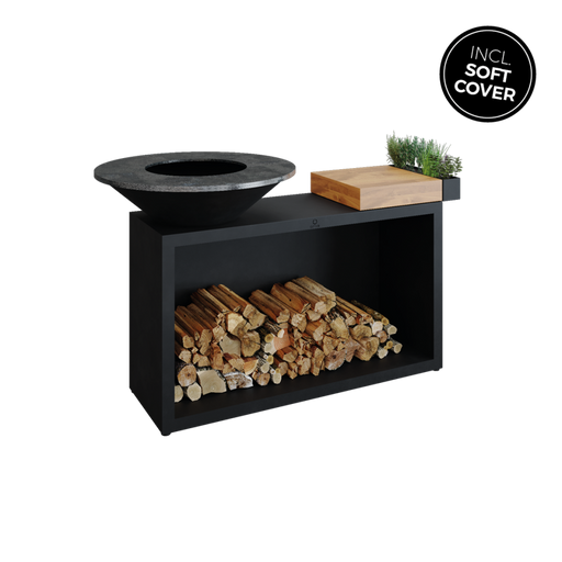 OFYR Island Black 85 grill with fire woods