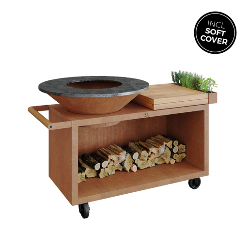 OFYR Island Corten 100 PRO grill with fire woods