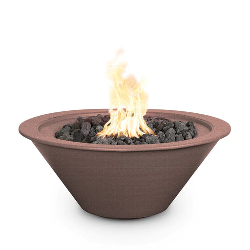 Ignited Round Cazo fire bowl by The Outdoor Plus, showcasing a java powder-coated metal finish and a comforting flame, in white background