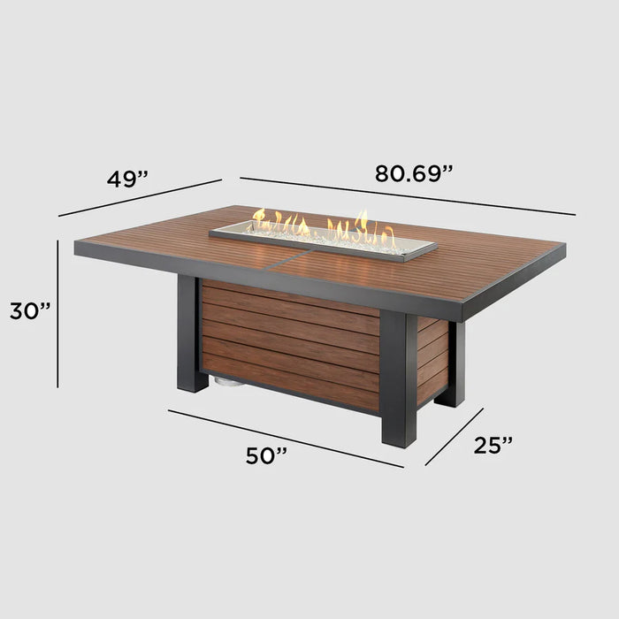 A diagram showing the dimensions of the linear Fire Pit Table, with measurements for height, diameter, and depth.