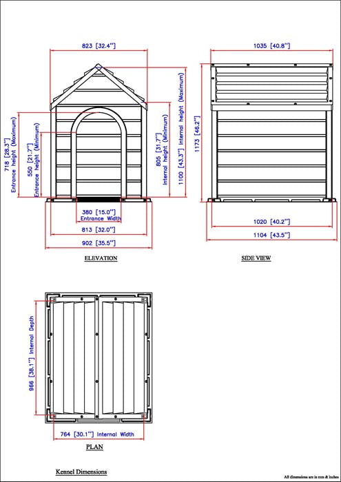 Technical dimension diagram of the Duramax Outdoor Pet Kennel, showing front elevation, side view, and top plan with measurements in centimeters and inches.