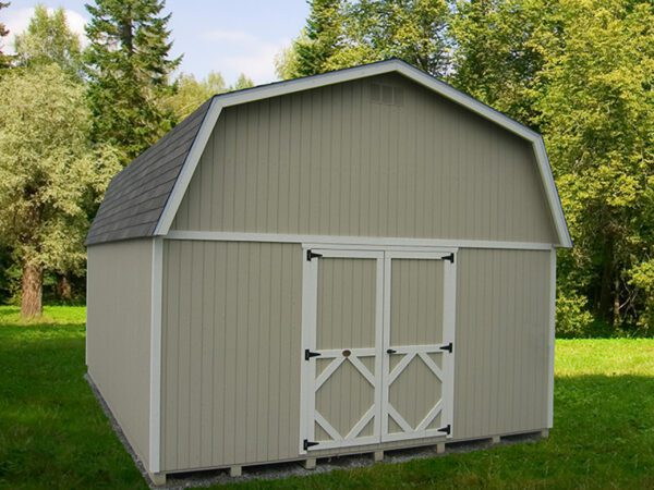 An outdoor view of the Classic Large Gambrel Barn by Little Cottage Company, showcasing its sturdy double doors and gambrel roof design amidst a green landscape.