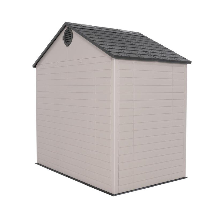 Studio angled view of the Lifetime 8 ft x 5 ft Outdoor Storage Shed displaying the wall design and roof structure.