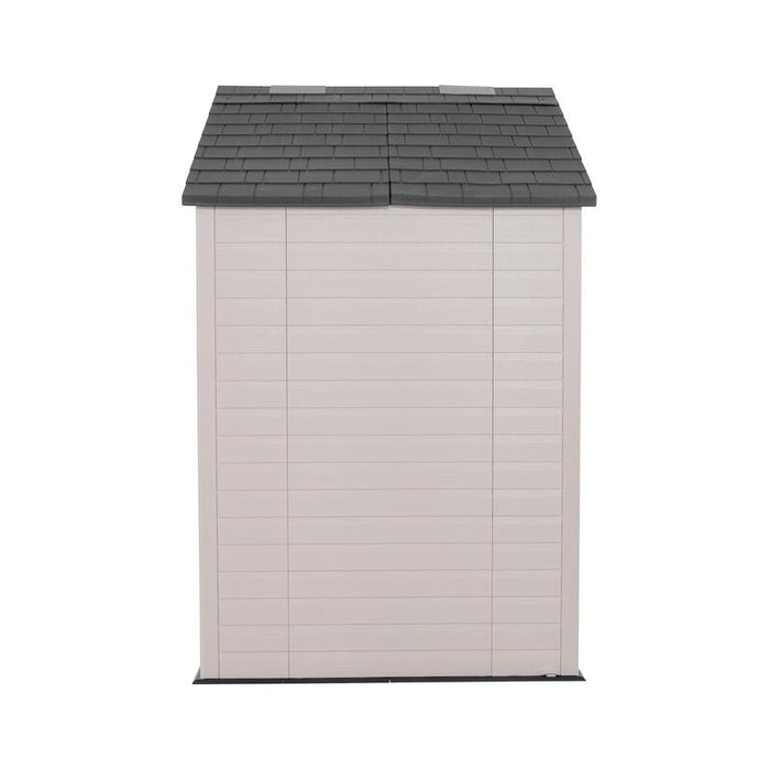 Studio side view of the Lifetime 8 ft x 5 ft Outdoor Storage Shed showcasing its beige exterior and roof design.