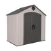 Studio side view of the Lifetime 8 ft x 5 ft Outdoor Storage Shed with a focus on its beige siding.