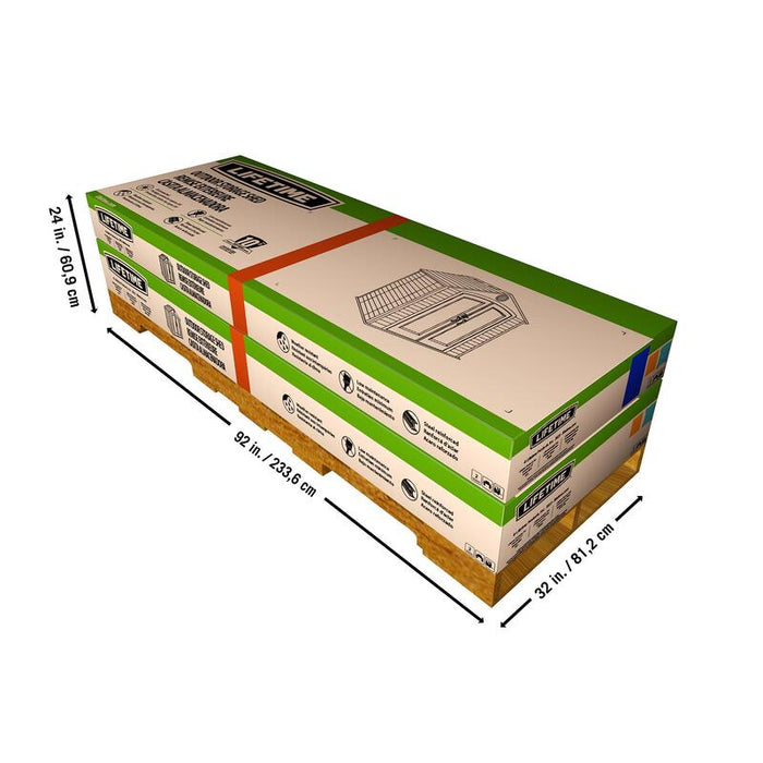 Perspective view of the packaging box for Lifetime 8 ft x 5 ft Outdoor Storage Shed with dimension annotations.
