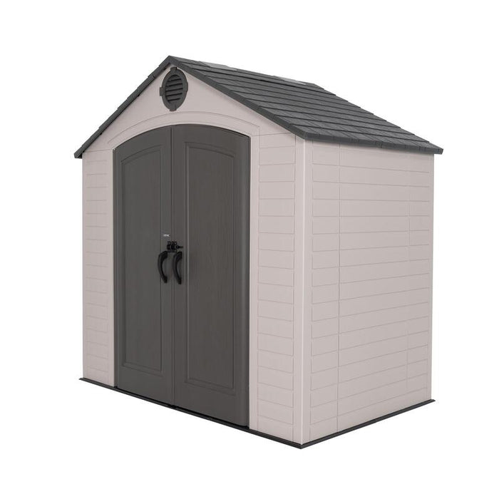 Studio view of the Lifetime 8 ft x 5 ft Outdoor Storage Shed, featuring the front with gray doors and beige siding.