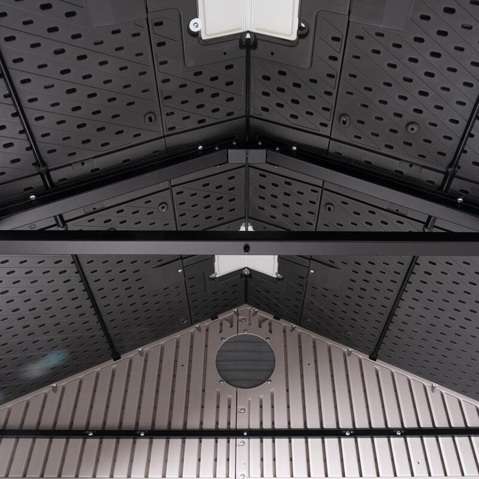 Interior view of the roof structure of the Lifetime 8 ft x 5 ft Outdoor Storage Shed, with a skylight visible.