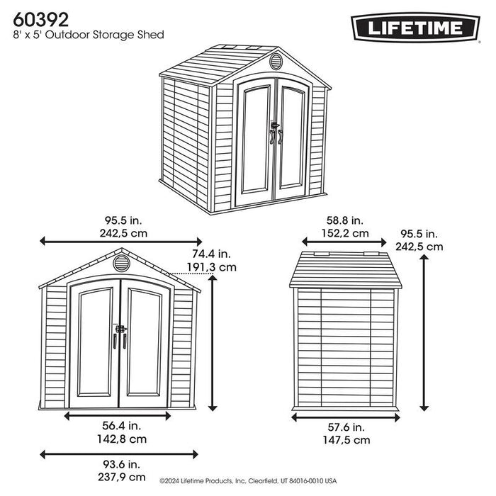 Line art diagram showing the dimensions of the Lifetime 8 ft x 5 ft Outdoor Storage Shed.