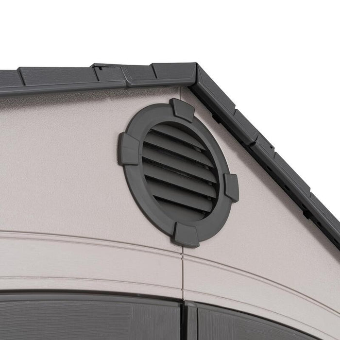 Close-up view of the circular vent on the peak of the Lifetime 8 ft x 5 ft Outdoor Storage Shed.