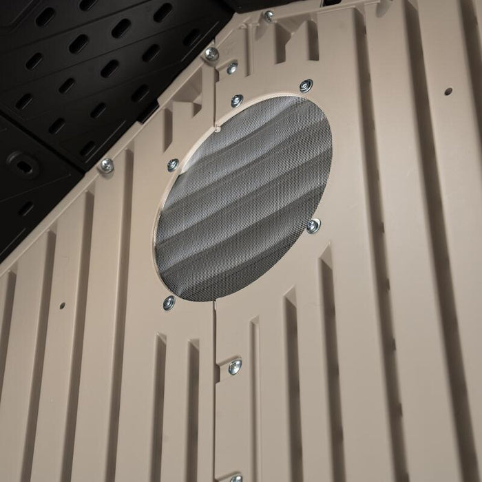 Detailed image of the round screened wall vent on the Lifetime shed, focusing on the design and function.