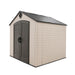 Front view of the Lifetime 8 ft x 7.5 ft Outdoor Storage Shed with closed doors and a vent above, against a plain background.