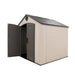 The Lifetime 8 ft x 7.5 ft Outdoor Storage Shed with one door open, revealing the interior structure and storage space.
