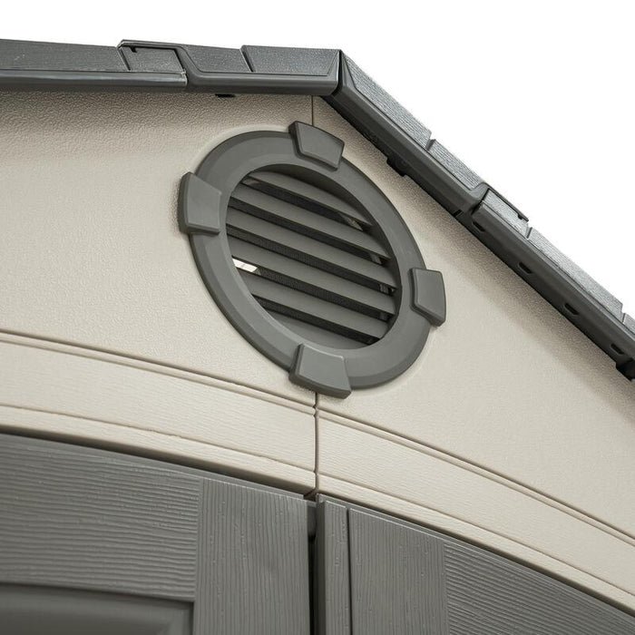 A close-up view of the vent on the Lifetime shed, showing the design and placement on the gable.