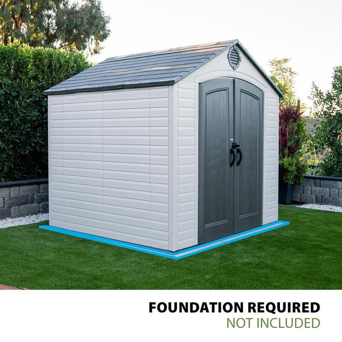 Lifetime 8 ft x 7.5 ft Outdoor Storage Shed with a highlighted foundation area indicating that a foundation is required but not included.