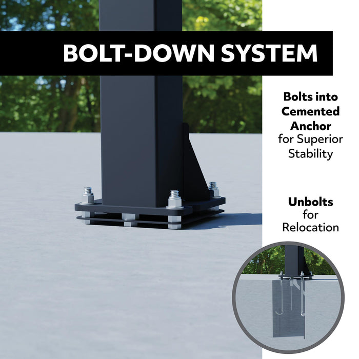 Close-up view of the bolt-down system at the base of the Lifetime 72-Inch Mammoth Bolt Down Basketball Hoop, highlighting the bolts into cemented anchor for stability and the unbolt feature for relocation.