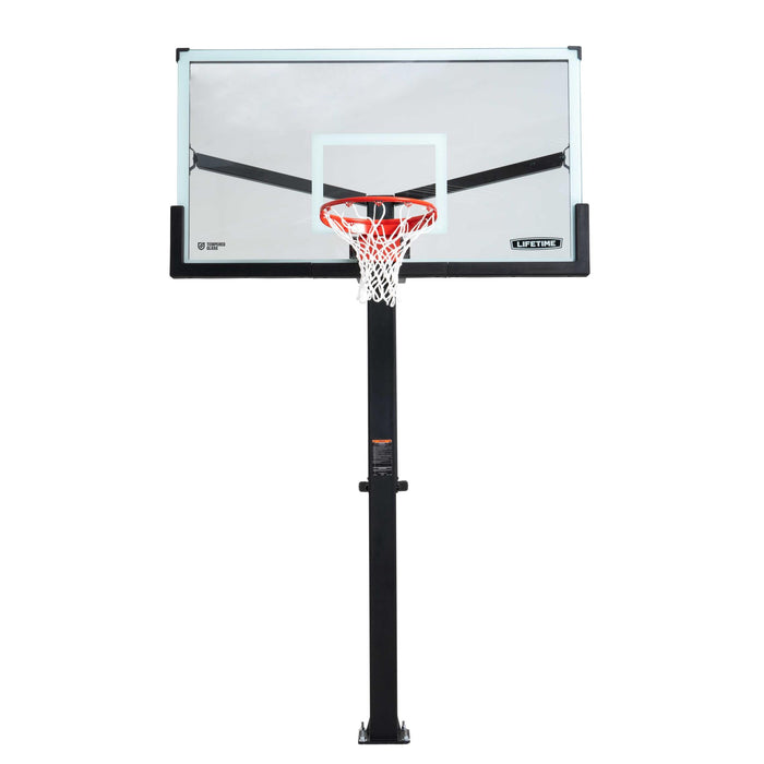 Frontal view of the Lifetime 72-Inch Mammoth Bolt Down Basketball Hoop showcasing the transparent backboard and the entire hoop system.
