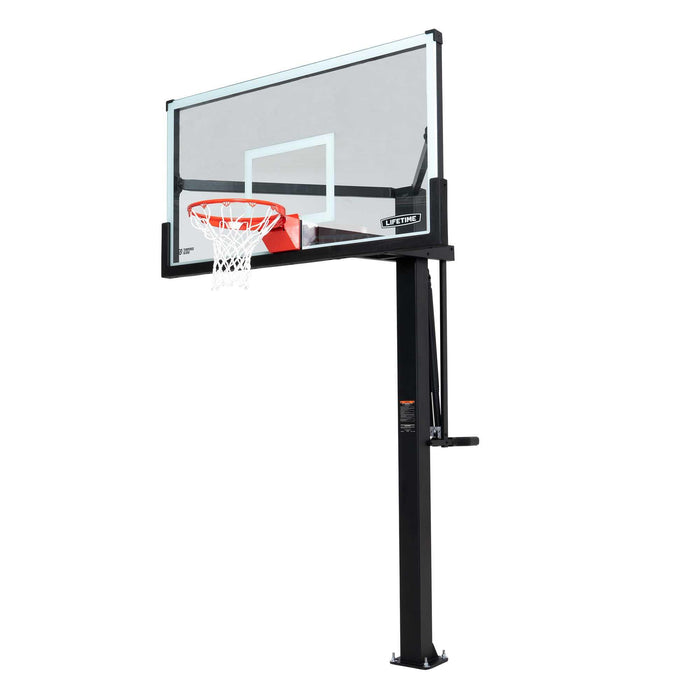 Side view of the Lifetime 72-Inch Mammoth Bolt Down Basketball Hoop showing the full profile against a  white background.