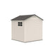 Back view of the beige Lifetime 7 x 7 ft Outdoor Storage Shed with window and closed gray doors.