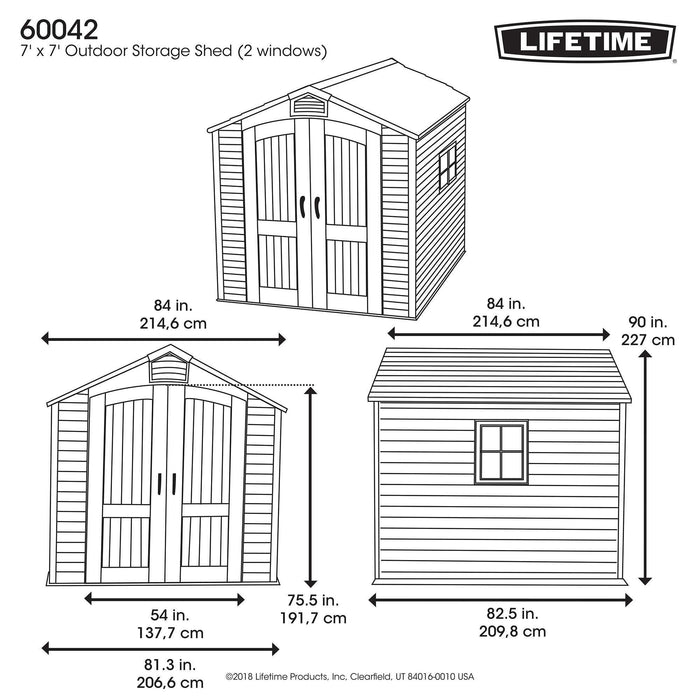 Technical drawing of Lifetime 7x7 ft Outdoor Storage Shed showing the dimensions and design features.