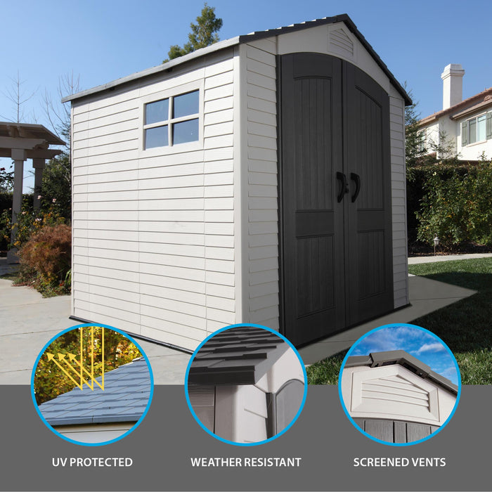 Lifetime 7x7 ft Outdoor Storage Shed highlighting features like UV protection, weather resistance, and screened vents.