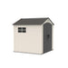  Fron and Side view of the Lifetime 7 x 7 ft Outdoor Storage Shed showcasing the gray doors and beige walls.